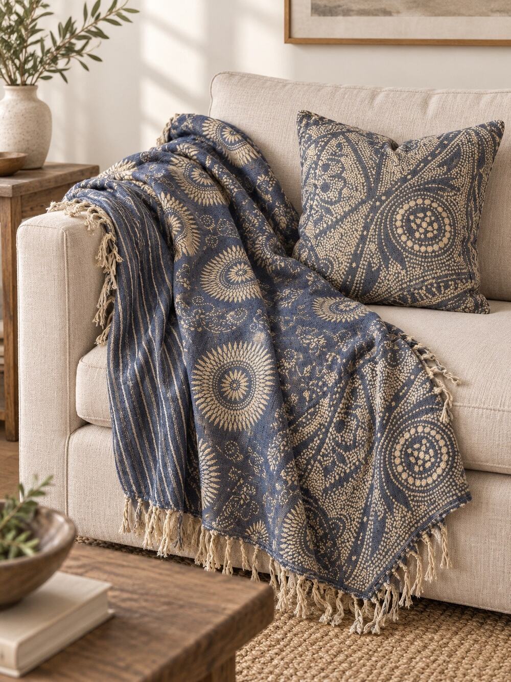 Pine Cone Hill Indigo Woven Throw Blanket & 22x22 Pillow Cover Set